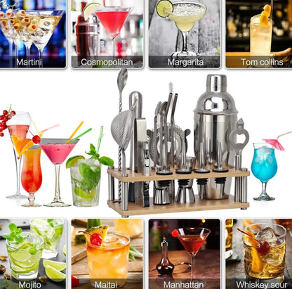 Rvs cocktailset met houten standaard