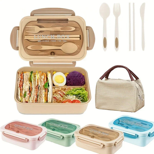 Bento lunchbox met 3 vakken en bestekset