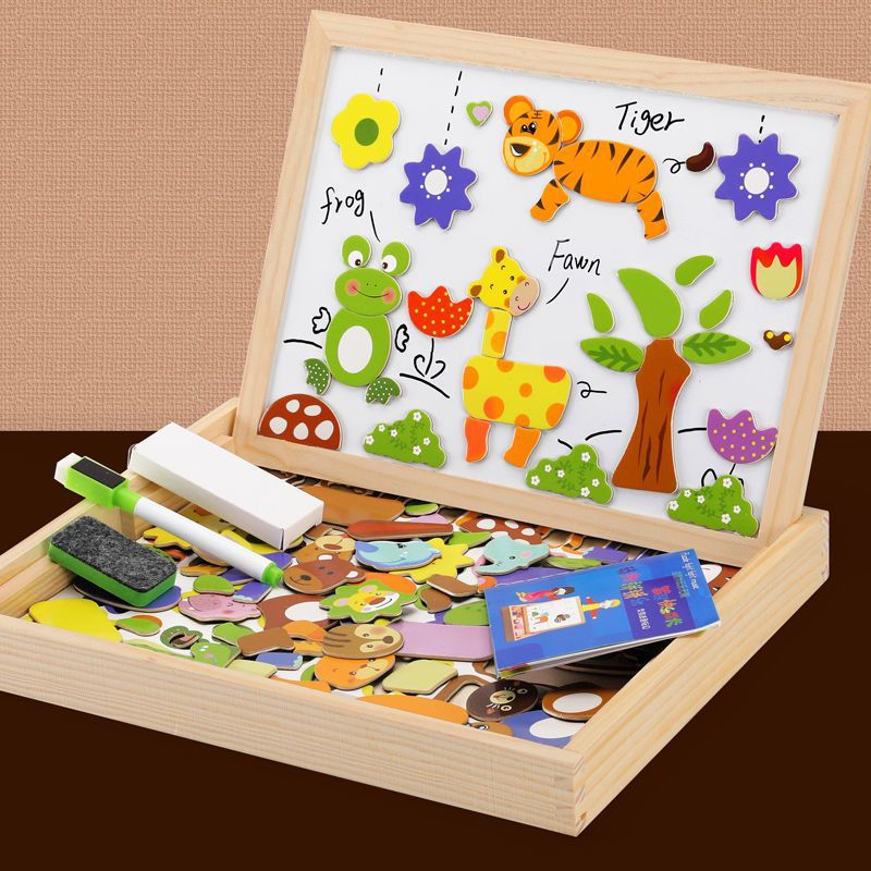 Houten magnetisch tekenbord met krijtzijde en accessoires