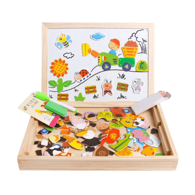 Houten magnetisch tekenbord met krijtzijde en accessoires