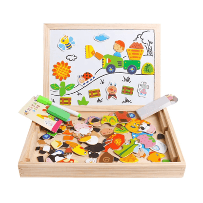 Houten magnetisch tekenbord met krijtzijde en accessoires