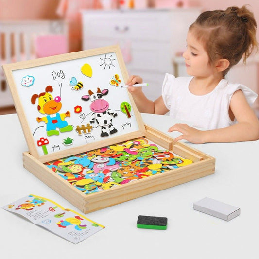 Houten magnetisch tekenbord met krijtzijde en accessoires