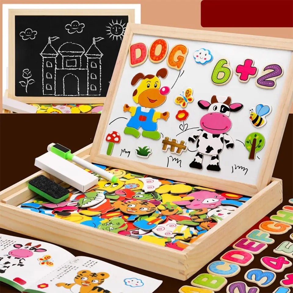Houten magnetisch tekenbord met krijtzijde en accessoires