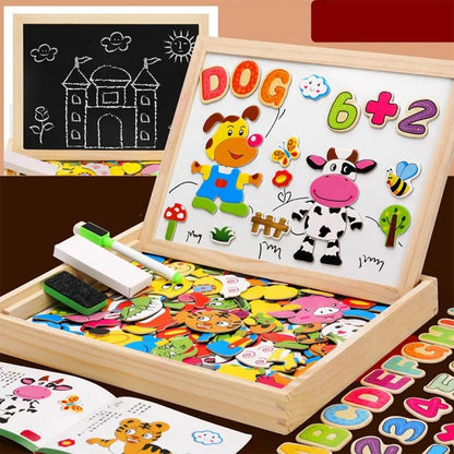 Houten magnetisch tekenbord met krijtzijde en accessoires