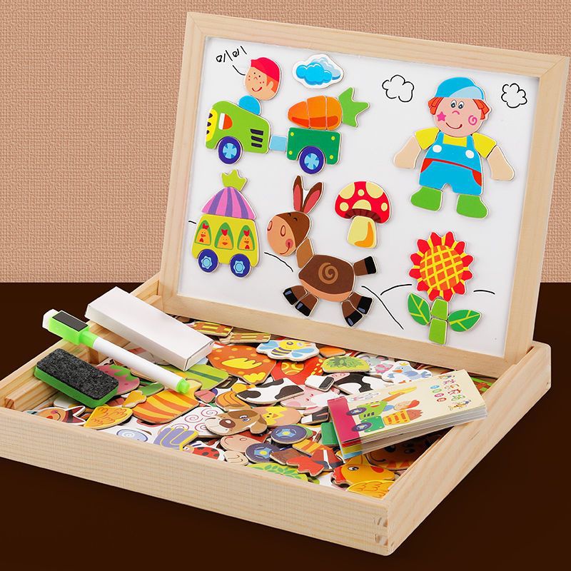 Houten magnetisch tekenbord met krijtzijde en accessoires