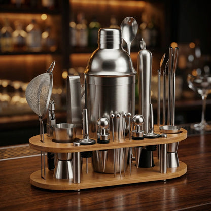 Rvs cocktailset met houten standaard