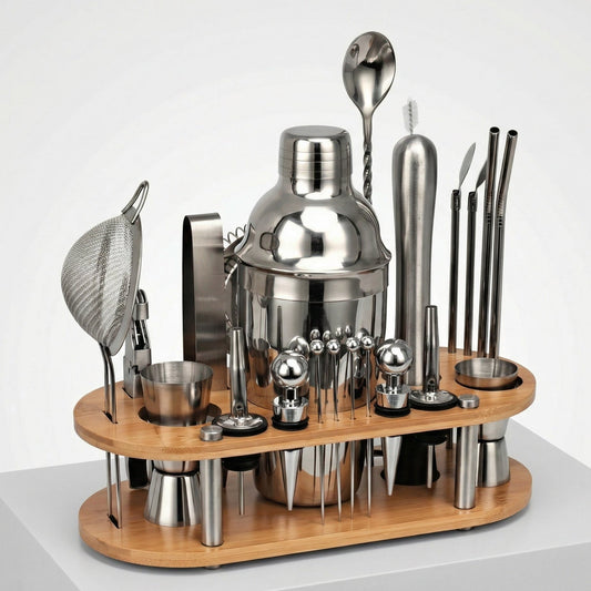 Rvs cocktailset met houten standaard