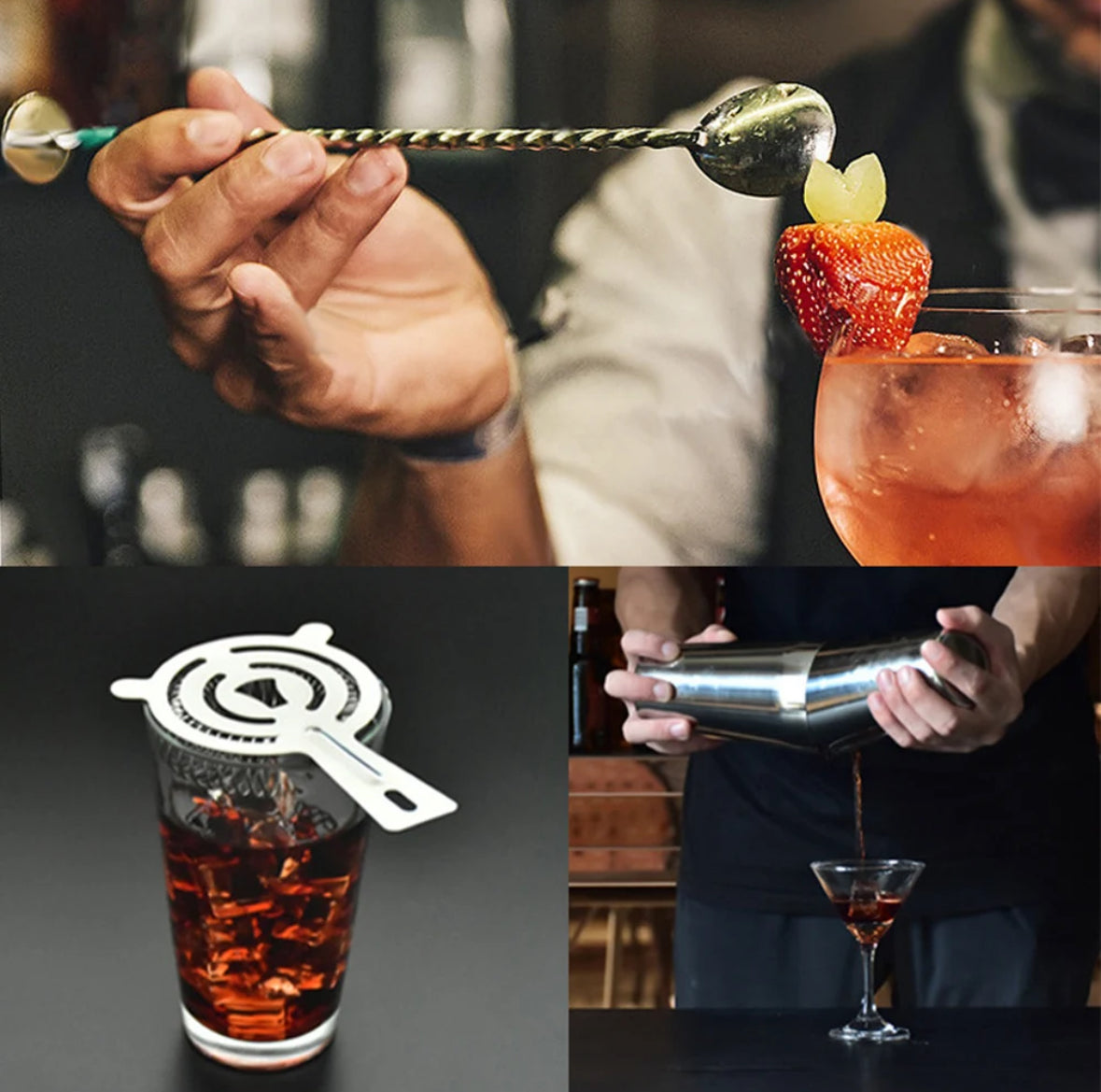 Rvs cocktailset met houten standaard