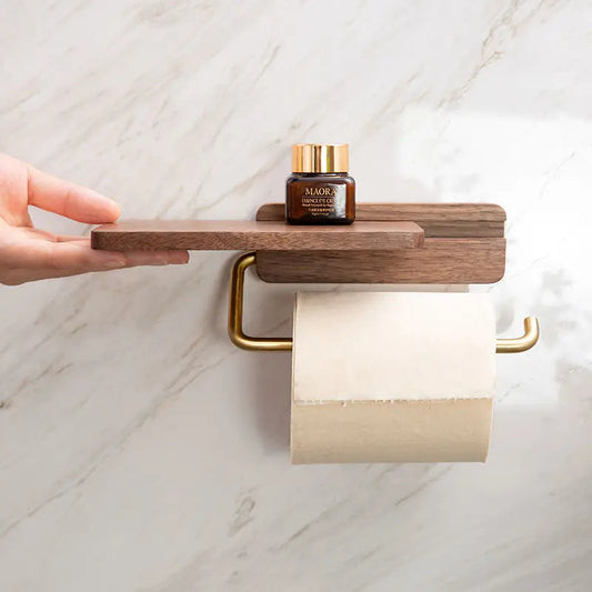 Houten toiletrolhouder met planchet en metalen muurbeugel