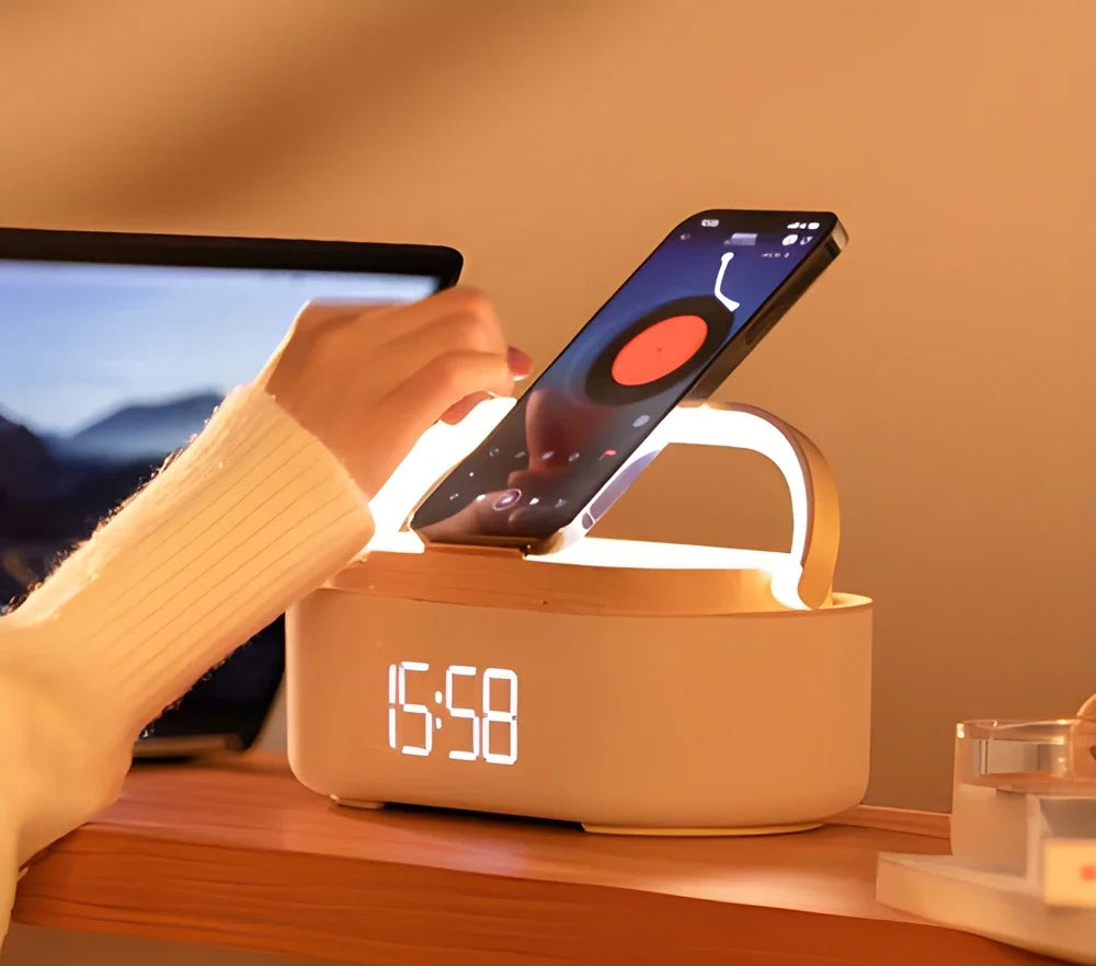Draadloze Oplader met Klok Speaker en Lamp
