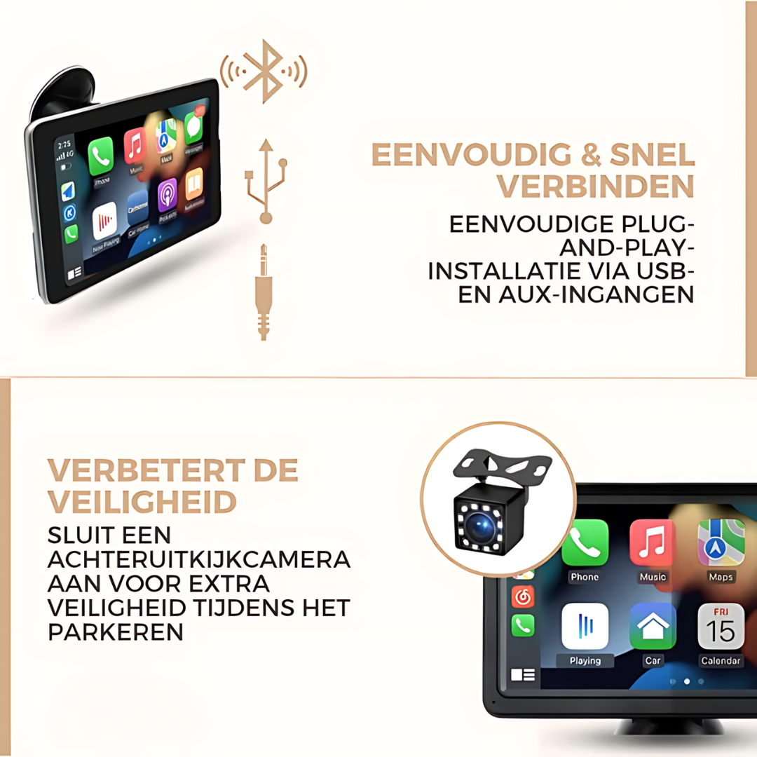 Draadloos Apple CarPlay scherm met achteruitrijcamera