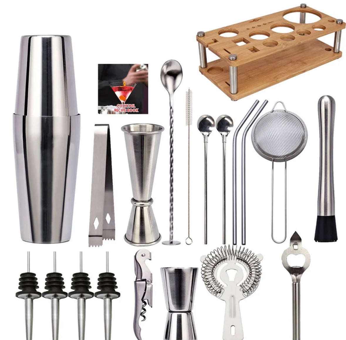 Rvs cocktailset met houten standaard