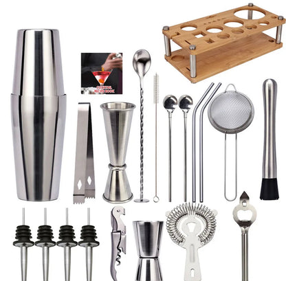Rvs cocktailset met houten standaard