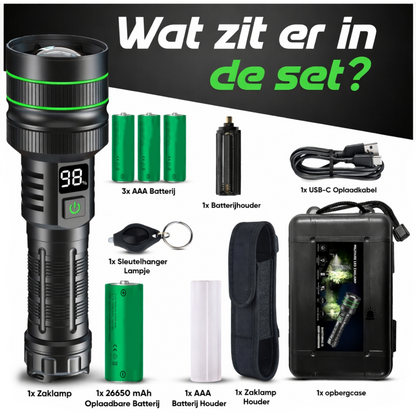 FlashForce™ Krachtige LED Oplaadbare Zaklamp 5000 Lumen – 26650 Oplaadbare Batterij – Zoomfunctie – Powerbank functie – IP67 Waterdicht
