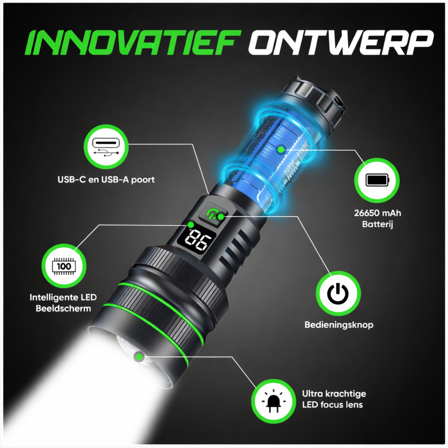 FlashForce™ Krachtige LED Oplaadbare Zaklamp 5000 Lumen – 26650 Oplaadbare Batterij – Zoomfunctie – Powerbank functie – IP67 Waterdicht