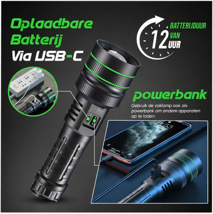 FlashForce™ Krachtige LED Oplaadbare Zaklamp 5000 Lumen – 26650 Oplaadbare Batterij – Zoomfunctie – Powerbank functie – IP67 Waterdicht
