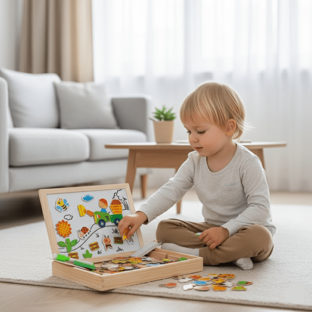 Houten magnetisch tekenbord met krijtzijde en accessoires