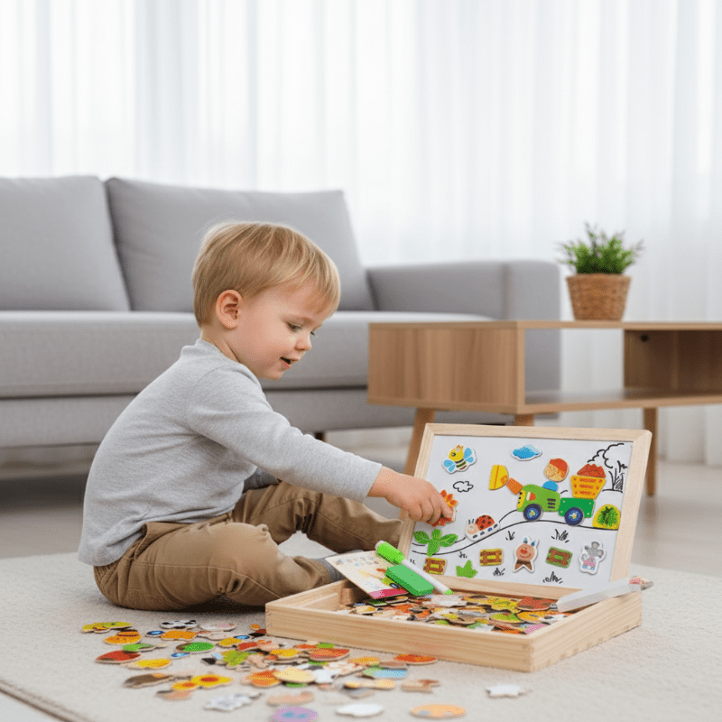 Houten magnetisch tekenbord met krijtzijde en accessoires