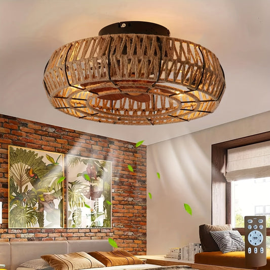 Rotan plafondventilator met verlichting en natuurlijke uitstraling