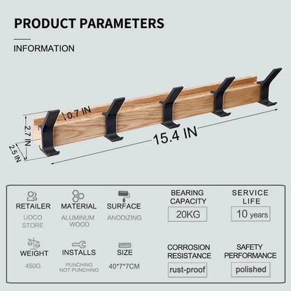 Houten wandkapstok van 40 cm met verplaatsbare haken