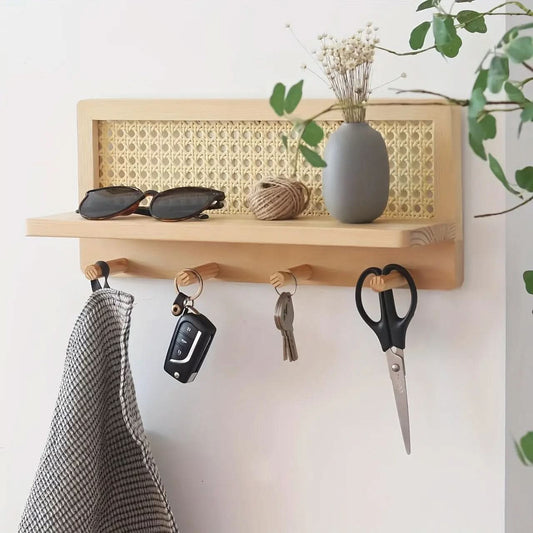 Houten wandplank met 4 haken en opbergruimte