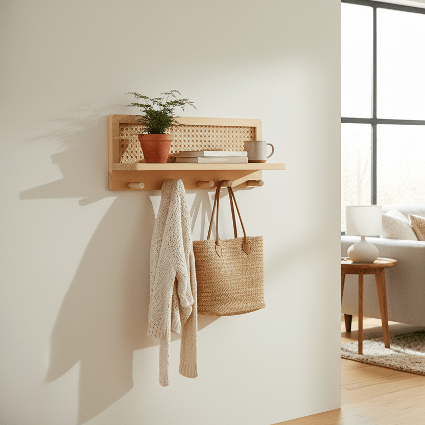 Houten wandplank met 4 haken en opbergruimte