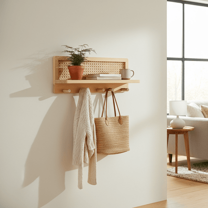 Houten wandplank met 4 haken en opbergruimte