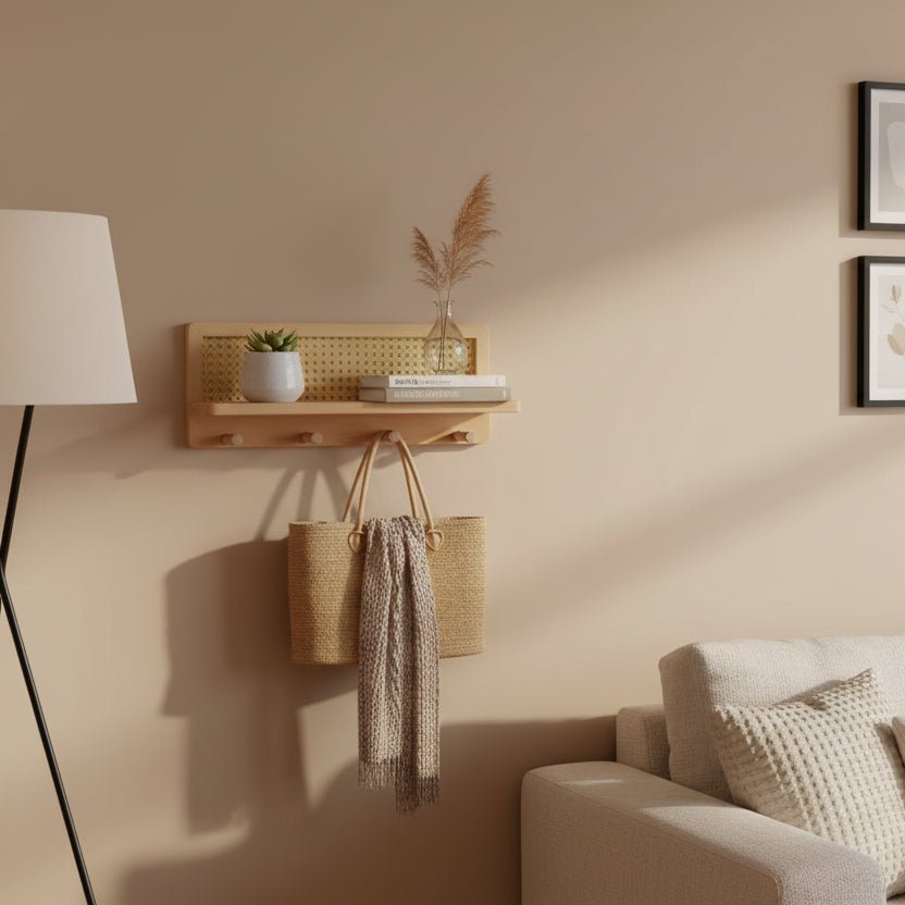 Houten wandplank met 4 haken en opbergruimte
