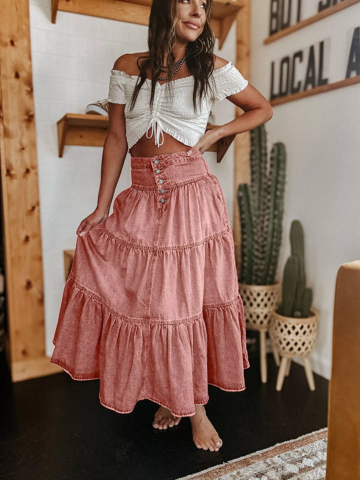 Dames maxi-rok van denim met hoge taille