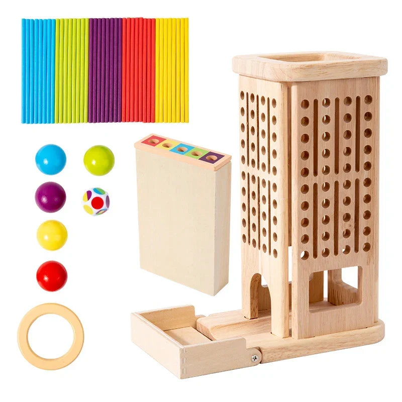 Houten stokkentoren spel met dobbelsteen voor kinderen