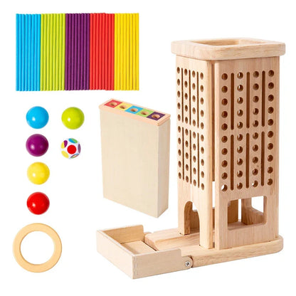 Houten stokkentoren spel met dobbelsteen voor kinderen