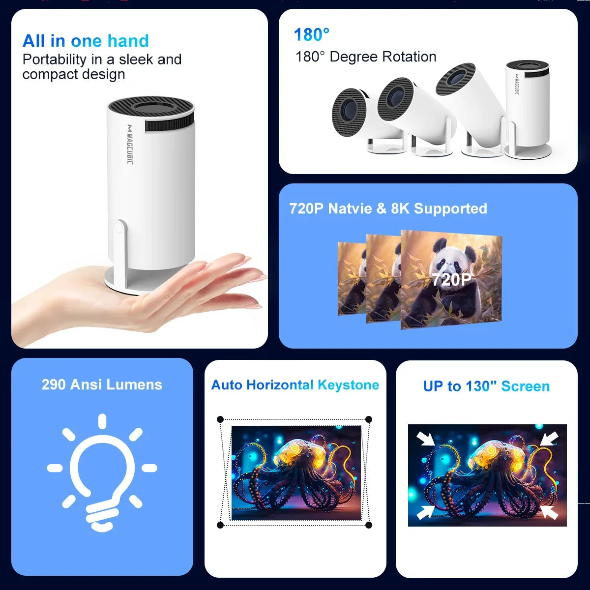 Draagbare mini projector met WiFi 6 en bluetooth