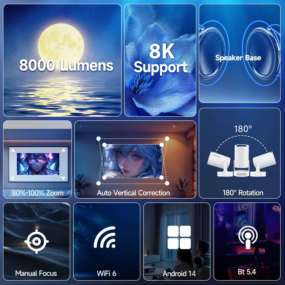 Draagbare mini projector met WiFi 6 en bluetooth
