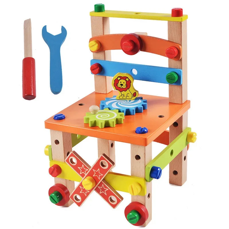 Houten gereedschapskist met montessori bouwspeelgoed
