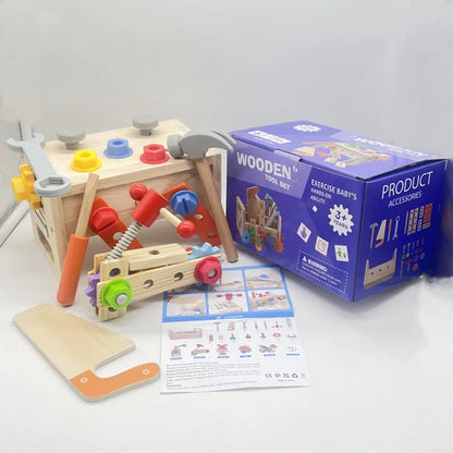 Houten gereedschapskist met montessori bouwspeelgoed