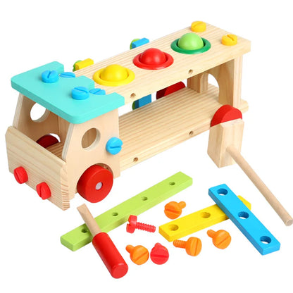 Houten gereedschapskist met montessori bouwspeelgoed
