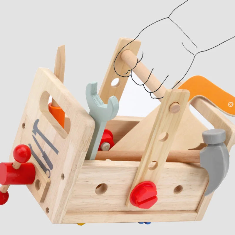 Houten gereedschapskist met montessori bouwspeelgoed