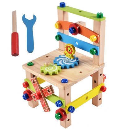 Houten gereedschapskist met montessori bouwspeelgoed