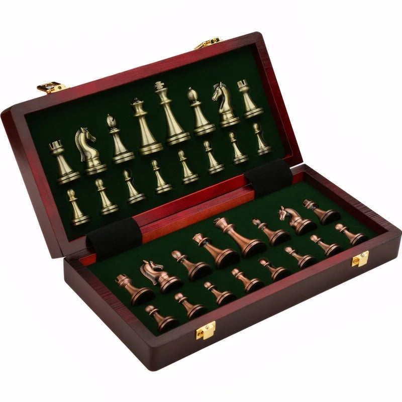 Antiek Houten Schaakspel met Gewogen Bronzen Stukken