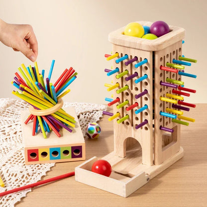Houten stokkentoren spel met dobbelsteen voor kinderen