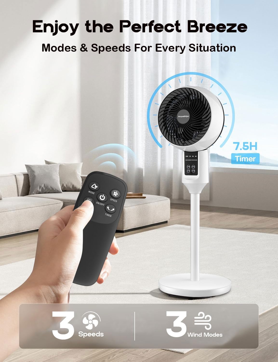 Stille staande ventilator met 3D-oscillatie en afstandsbediening