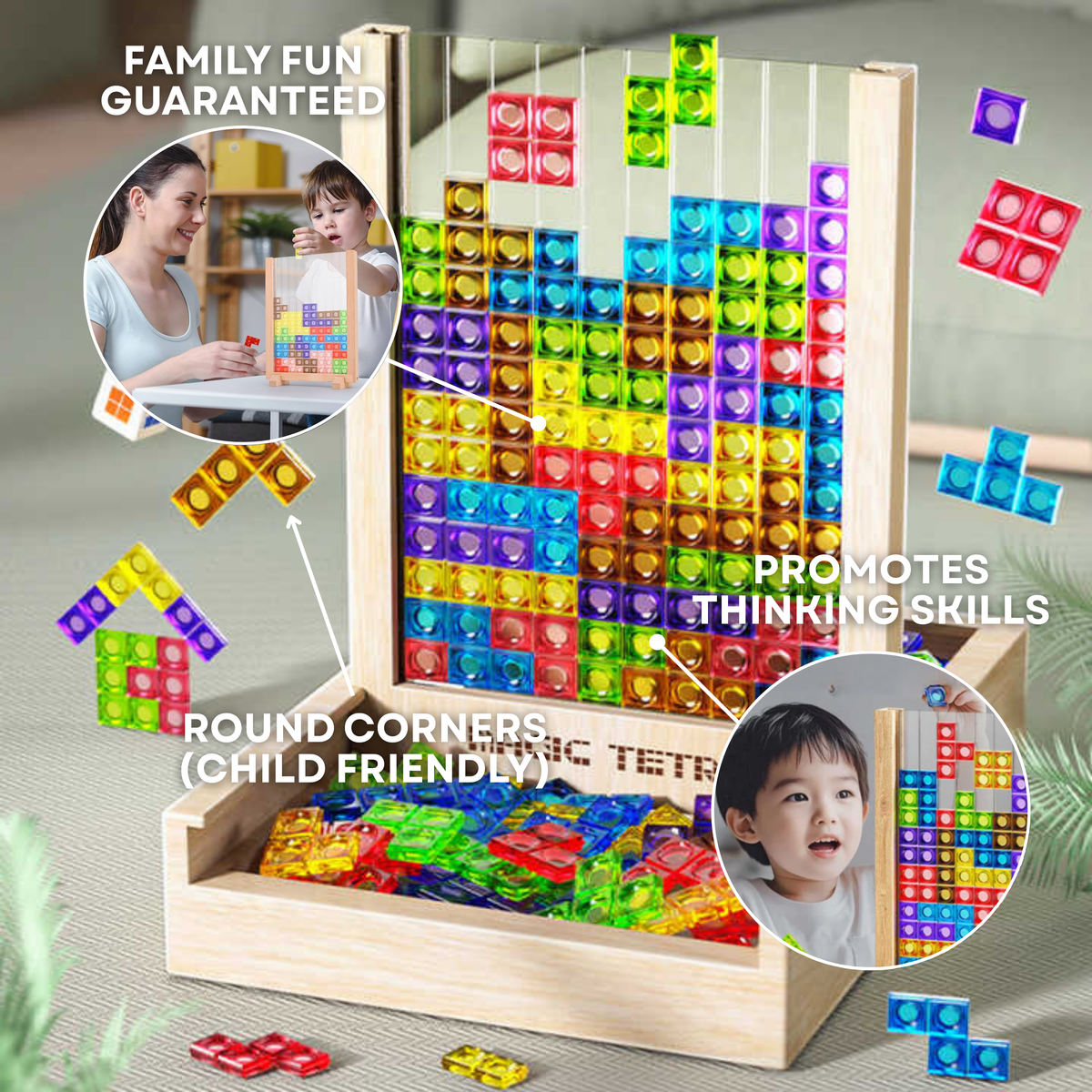 Houten Tetris puzzel met kleurrijke blokken