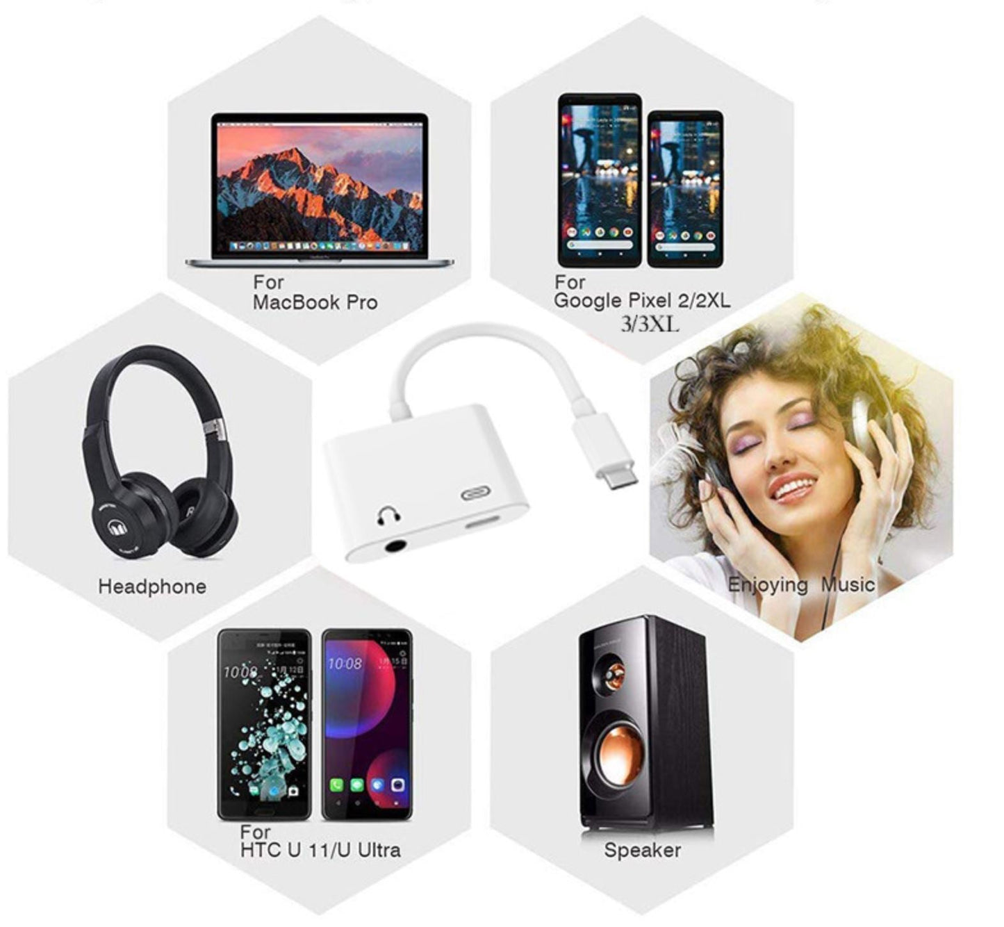 USB-C - 2 In 1 Splitter kabel voor Opladen & Muziek luisteren tegelijk