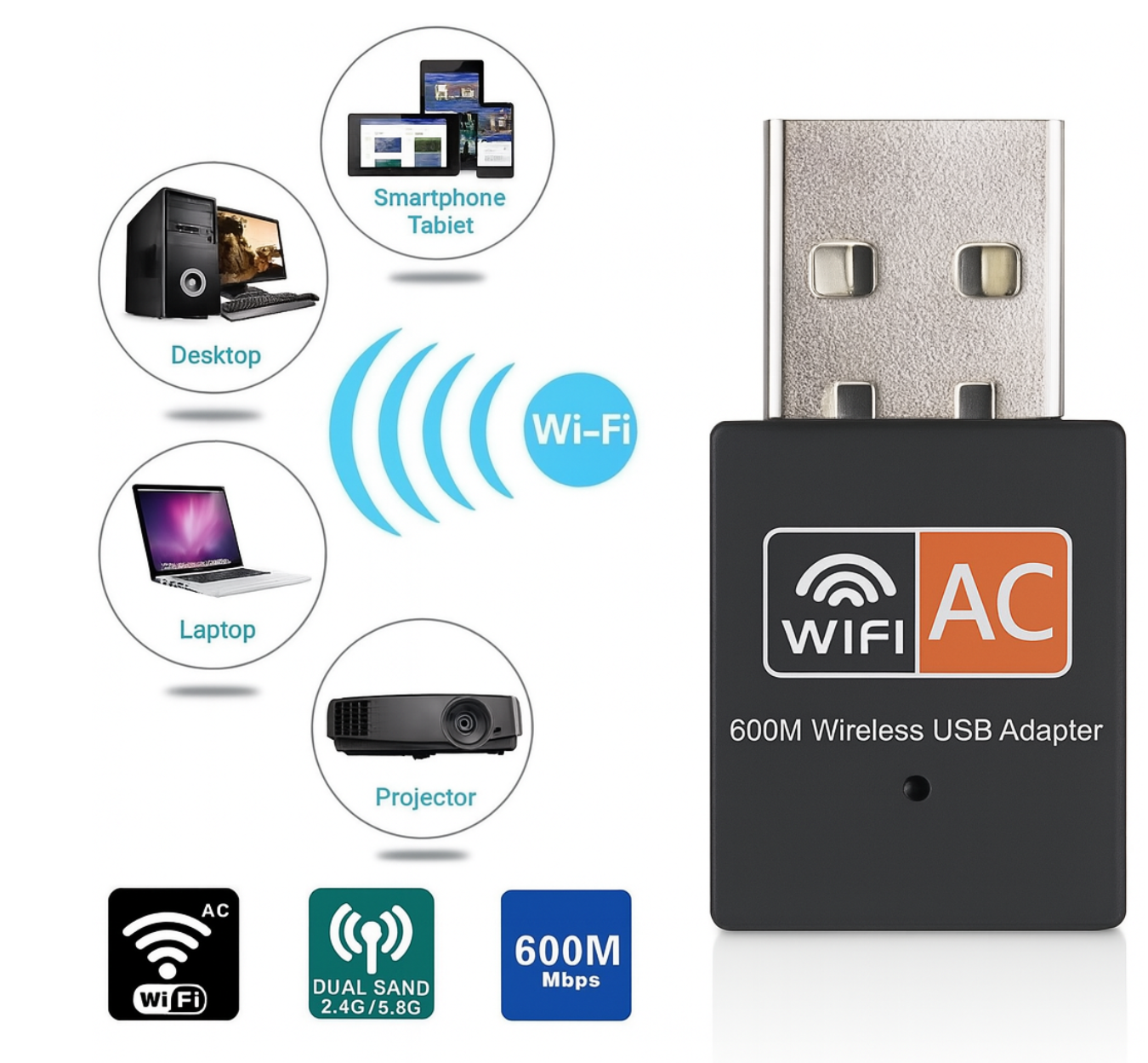 USB WiFi Adapter 600Mbps - Dual Band 2.4GHz-5GHz - Draadloze Netwerkadapter voor PC & Laptop