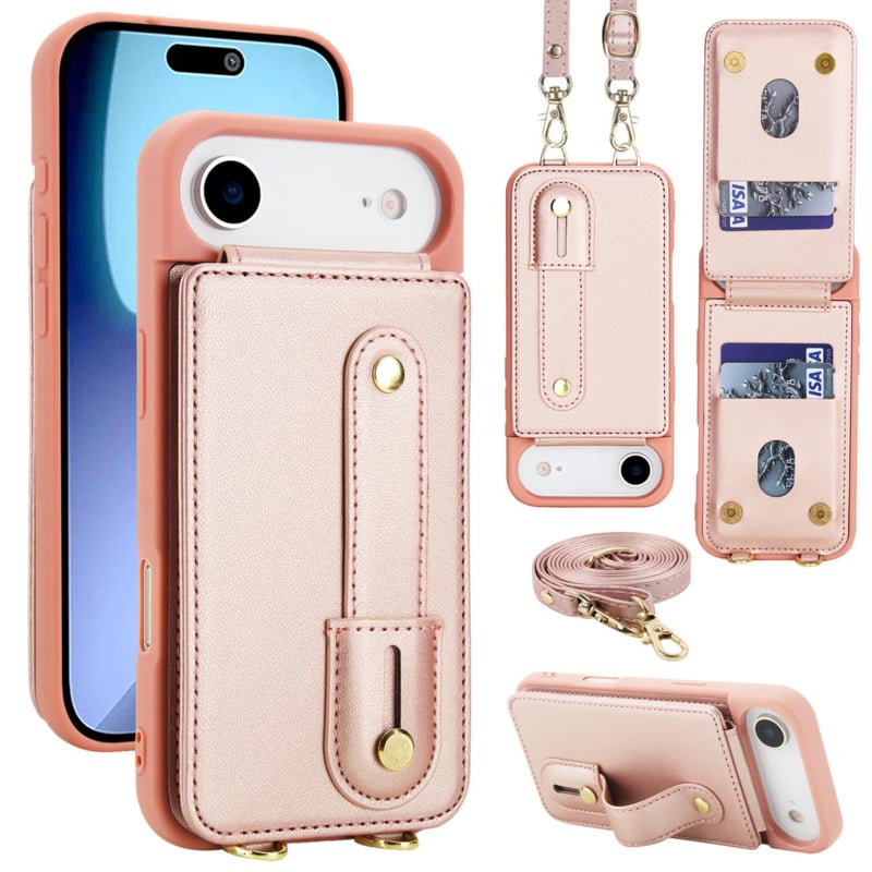 Leren Telefoonhoesje met Pasjeshouder en Draagkoord Rosé Goud