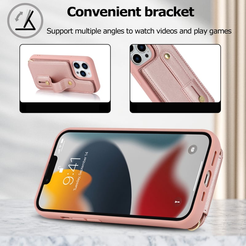 iPhone 16 Pro Hoesje met Pasjeshouder en Draagkoord Rosé Goud