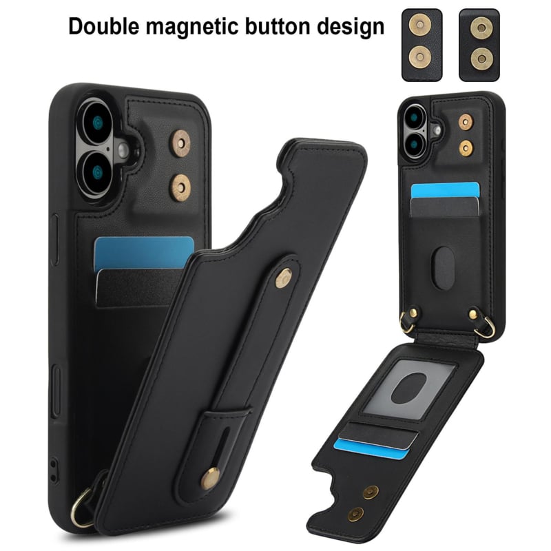 iPhone 16 Hoesje met Pasjeshouder en Draagkoord Zwart