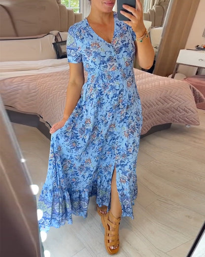Damesjurk met bloemenprint en V-hals | LF10265005QLSS