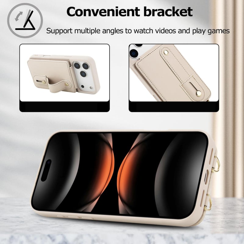 iPhone 17 Pro telefoonhoesje met pasjeshouder en draagkoord Beige/Wit