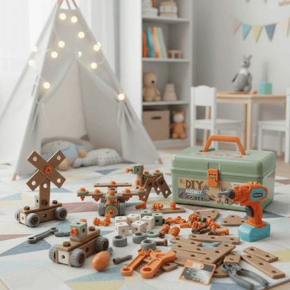 Creatieve constructiespeelgoed set met elektrische schroevendraaier en koffer